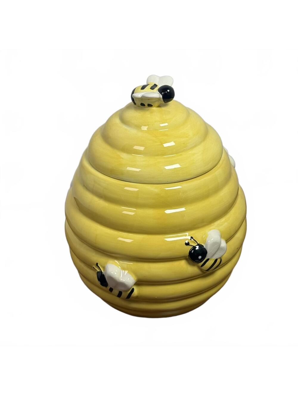 World Market Yellow Ceramic Beehive Cookie Jar 3D Bumble Bees Figural Lid